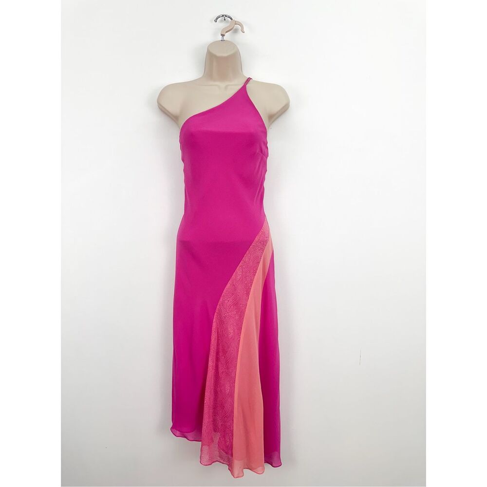 Express Women’s Vintage Y2K Pink Silk One Shoulder Slip Asymmetrical Hem Paisley - Picture 12 of 12